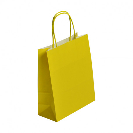 PAQUET DE 50 SACS PAPIER JAUNE CITRON POIGNEES TORSADEES 23+12x30CM