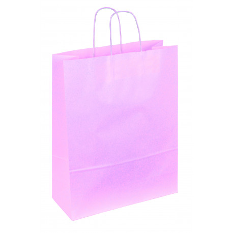 PAQUET DE 50 SACS PAPIER ROSE CLAIR POIGNEES TORSADEES 18+8x22CM