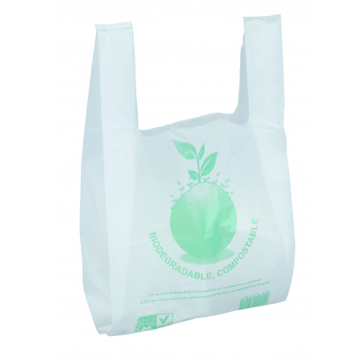 Sac plastique à bretelles Biodégradable blanc 260 x 450 + 120 mm 15µ